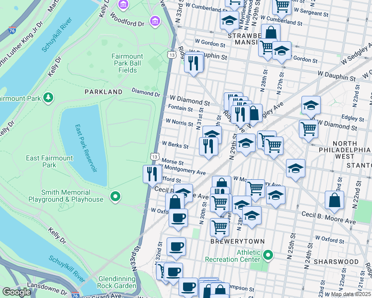 map of restaurants, bars, coffee shops, grocery stores, and more near 3122 West Berks Street in Philadelphia