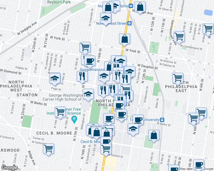 map of restaurants, bars, coffee shops, grocery stores, and more near 1433 West Diamond street in Philadelphia