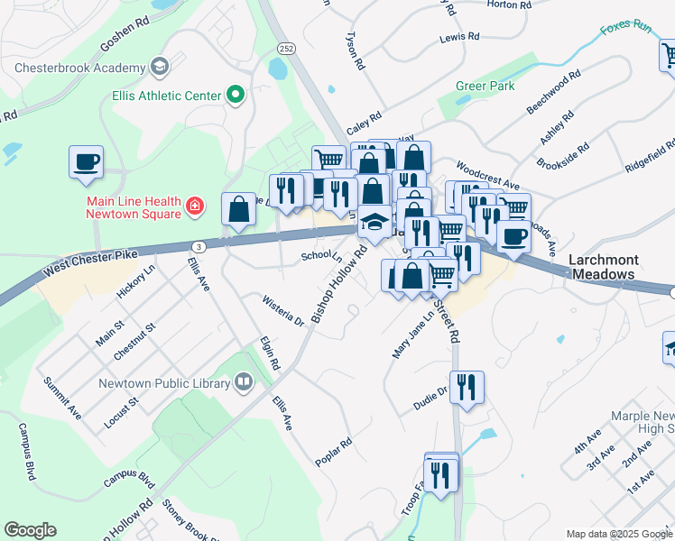 map of restaurants, bars, coffee shops, grocery stores, and more near 31 Bishop Hollow Road in Newtown Square