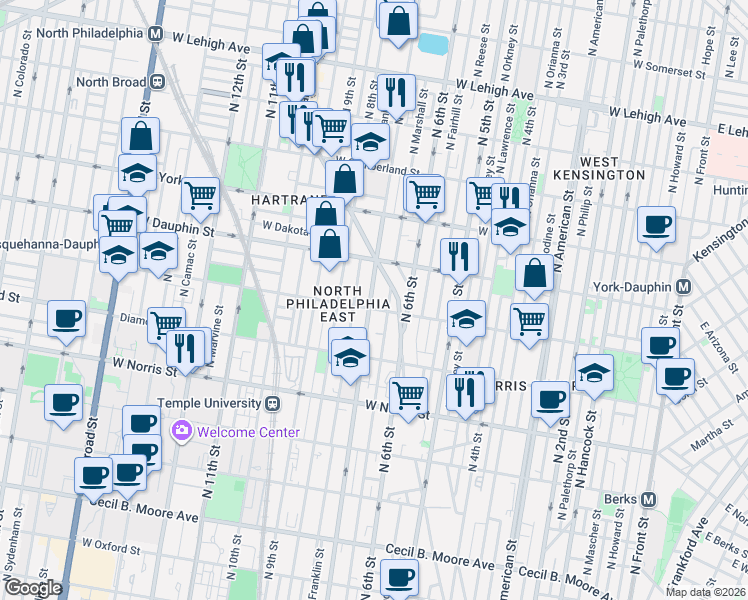 map of restaurants, bars, coffee shops, grocery stores, and more near 2209 North 7th Street in Philadelphia