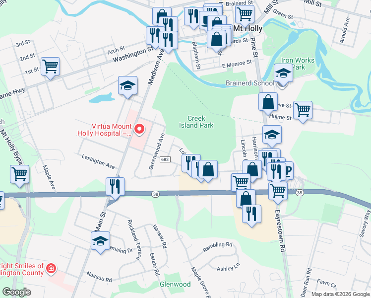 map of restaurants, bars, coffee shops, grocery stores, and more near 33 Lois Lane in Mount Holly