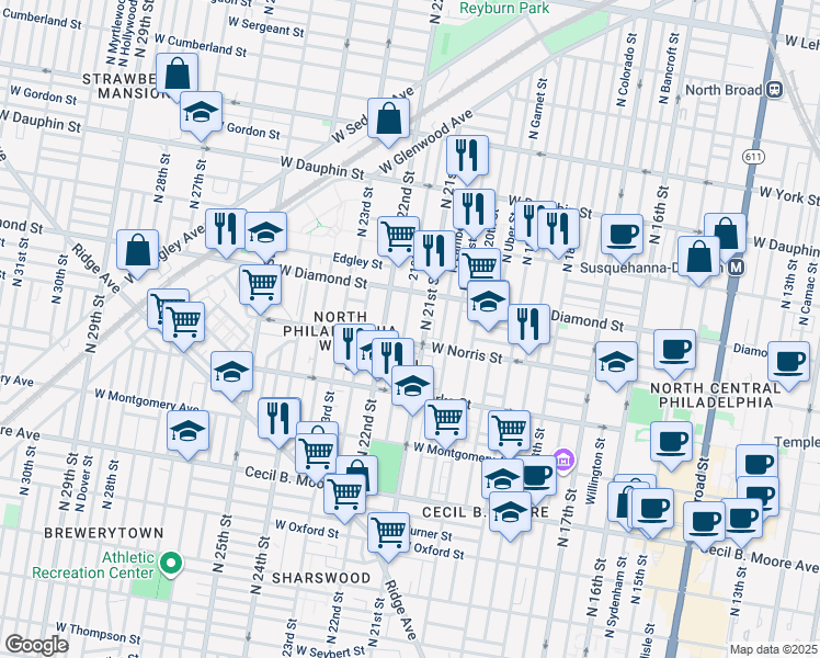 map of restaurants, bars, coffee shops, grocery stores, and more near 2007 North Van Pelt Street in Philadelphia