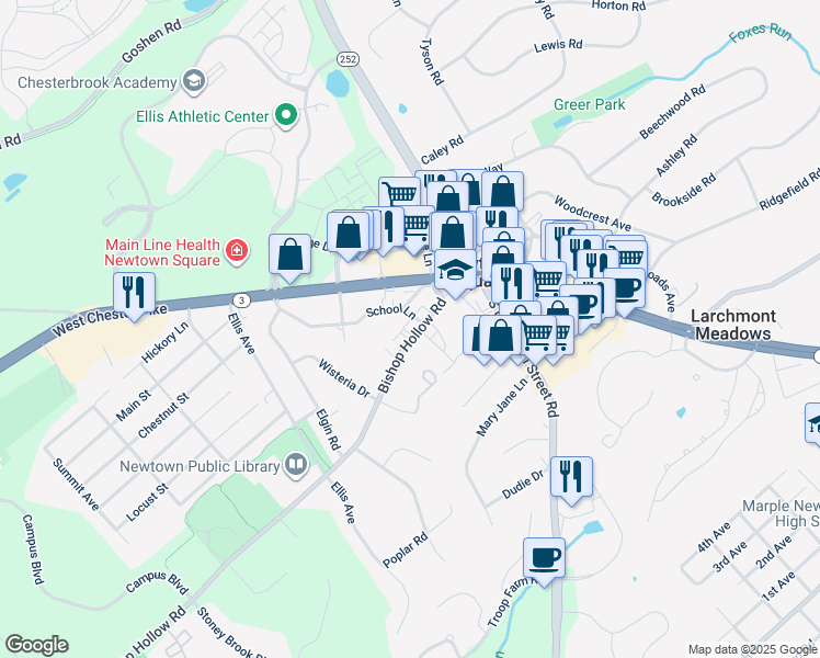 map of restaurants, bars, coffee shops, grocery stores, and more near 31 Bishop Hollow Road in Newtown Square