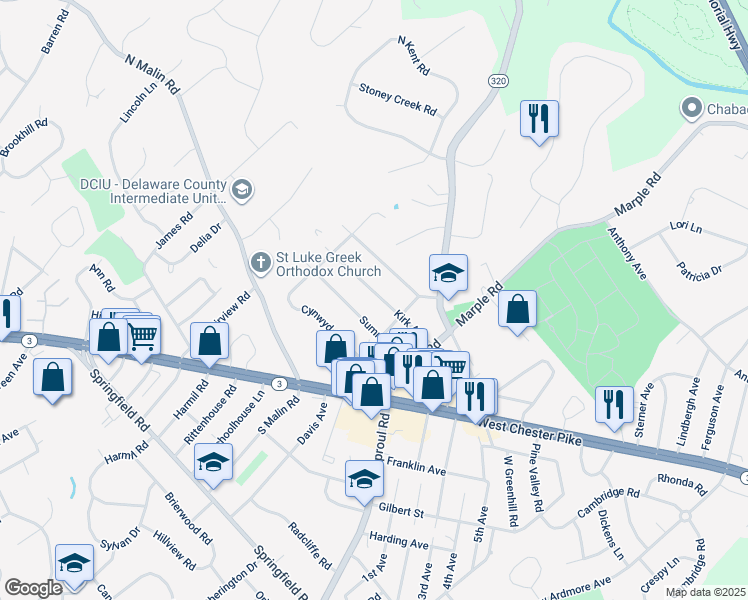 map of restaurants, bars, coffee shops, grocery stores, and more near 2632 Kirk Avenue in Broomall