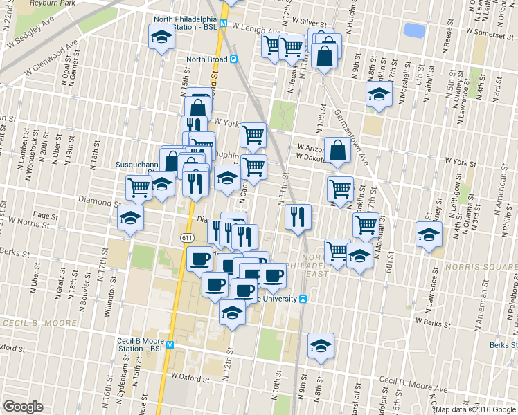map of restaurants, bars, coffee shops, grocery stores, and more near 2125 North 12th Street in Philadelphia