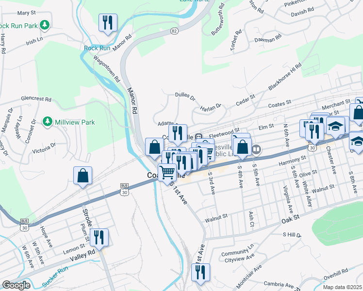map of restaurants, bars, coffee shops, grocery stores, and more near 224 Fleetwood Street in Coatesville