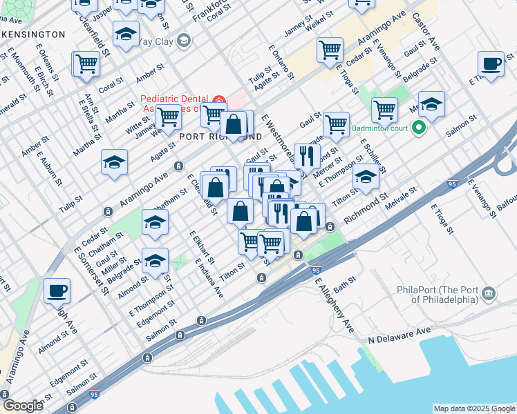 map of restaurants, bars, coffee shops, grocery stores, and more near 3195 Almond Street in Philadelphia