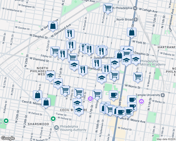 map of restaurants, bars, coffee shops, grocery stores, and more near 2044 North 18th Street in Philadelphia