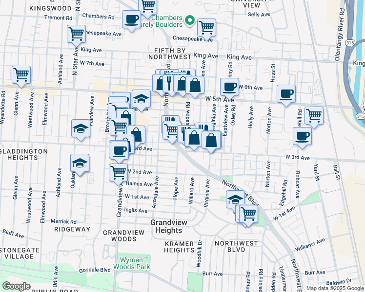 map of restaurants, bars, coffee shops, grocery stores, and more near 1300 Northwest Boulevard in Columbus