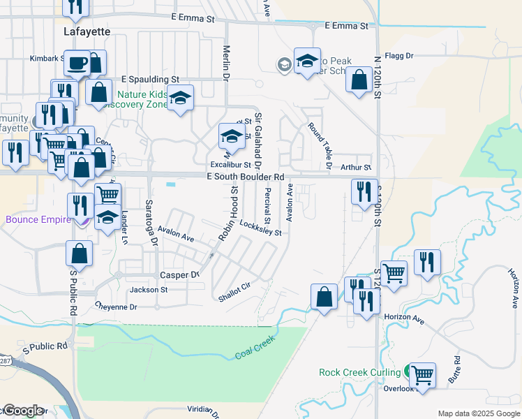 map of restaurants, bars, coffee shops, grocery stores, and more near 11700 East South Boulder Road in Lafayette