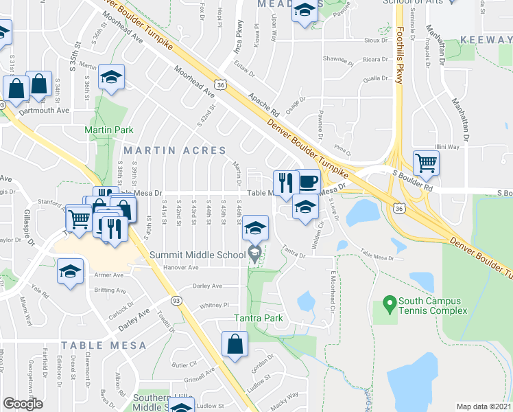 map of restaurants, bars, coffee shops, grocery stores, and more near in Boulder