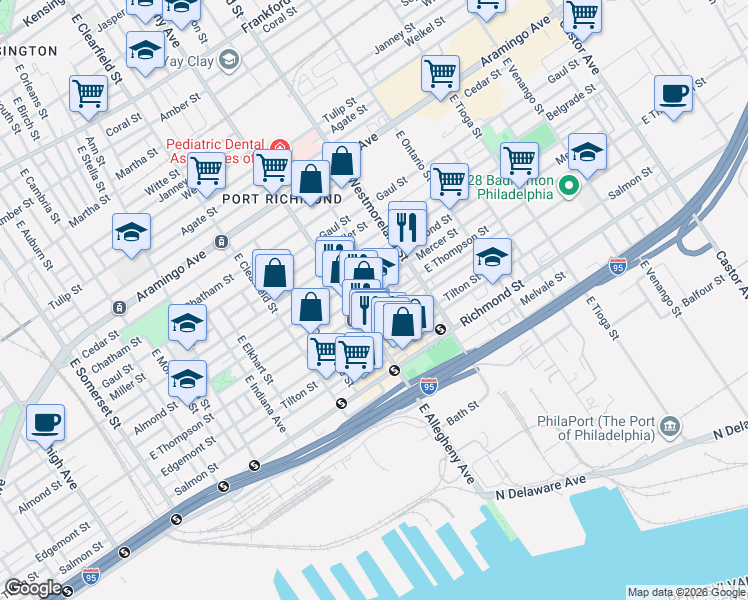 map of restaurants, bars, coffee shops, grocery stores, and more near 2630 East Madison Street in Philadelphia