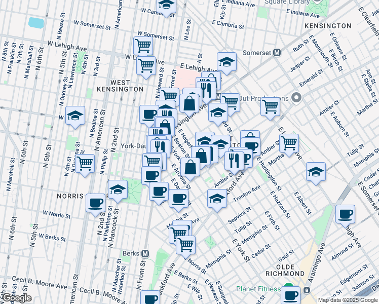 map of restaurants, bars, coffee shops, grocery stores, and more near 2444 Emerald Street in Philadelphia