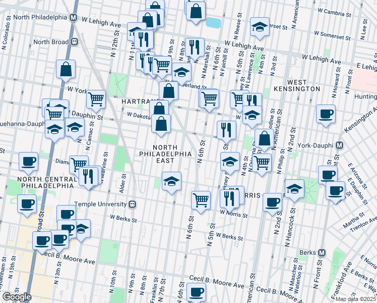 map of restaurants, bars, coffee shops, grocery stores, and more near 2224 North 7th Street in Philadelphia