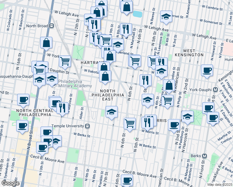 map of restaurants, bars, coffee shops, grocery stores, and more near 2224 North 7th Street in Philadelphia