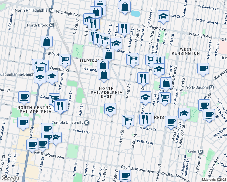 map of restaurants, bars, coffee shops, grocery stores, and more near 2224 North 7th Street in Philadelphia