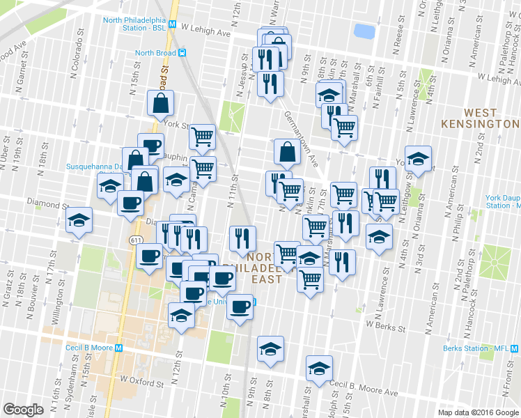 map of restaurants, bars, coffee shops, grocery stores, and more near 2209 North Delhi Street in Philadelphia
