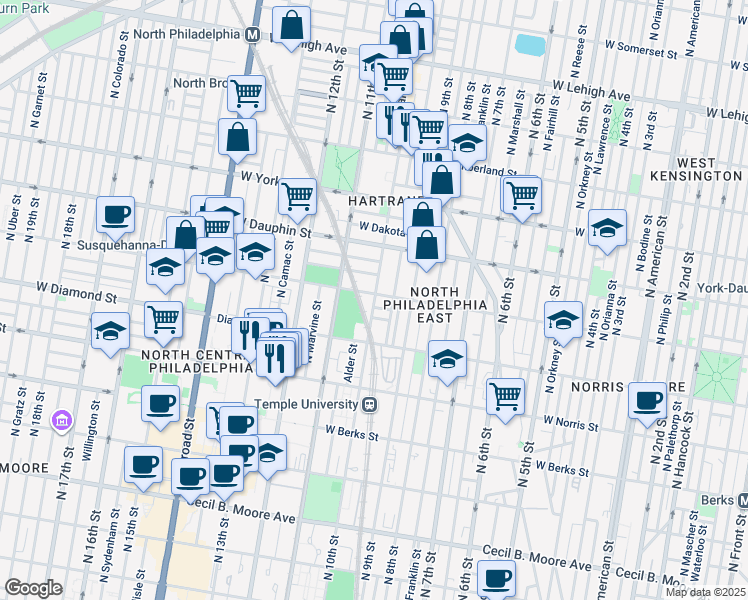 map of restaurants, bars, coffee shops, grocery stores, and more near 1040 West Susquehanna Avenue in Philadelphia
