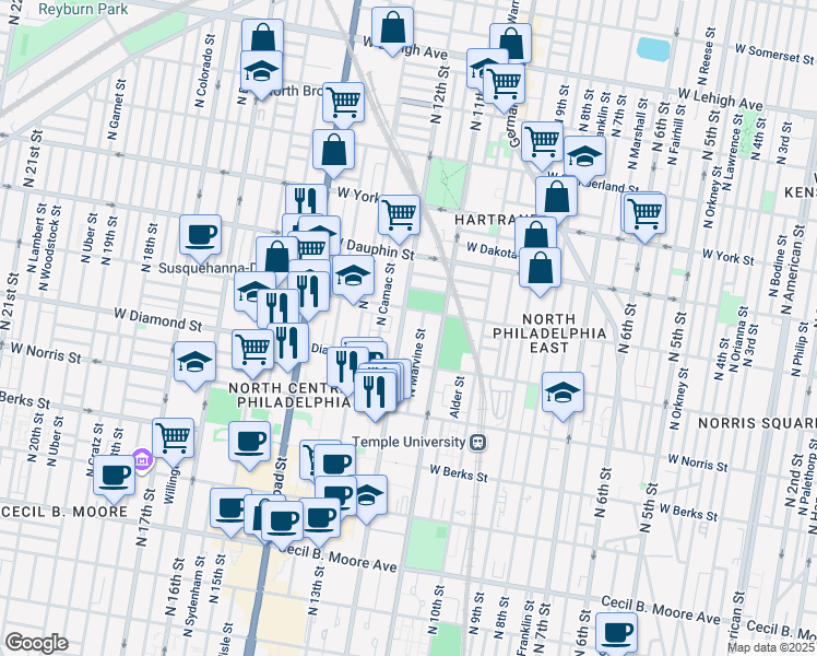 map of restaurants, bars, coffee shops, grocery stores, and more near 2125 North 12th Street in Philadelphia