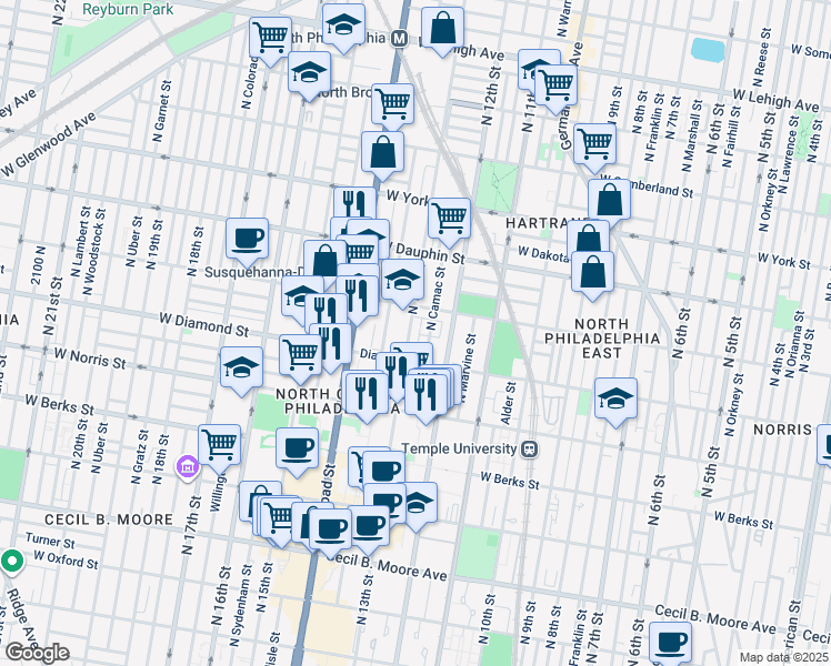map of restaurants, bars, coffee shops, grocery stores, and more near 2151 North 13th Street in Philadelphia