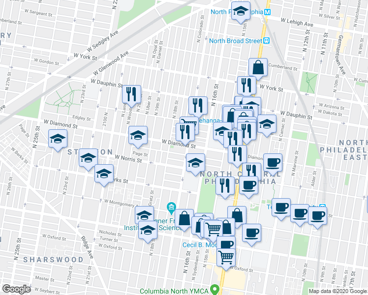 map of restaurants, bars, coffee shops, grocery stores, and more near 1717 Fr. P. Washington Avenue in Philadelphia