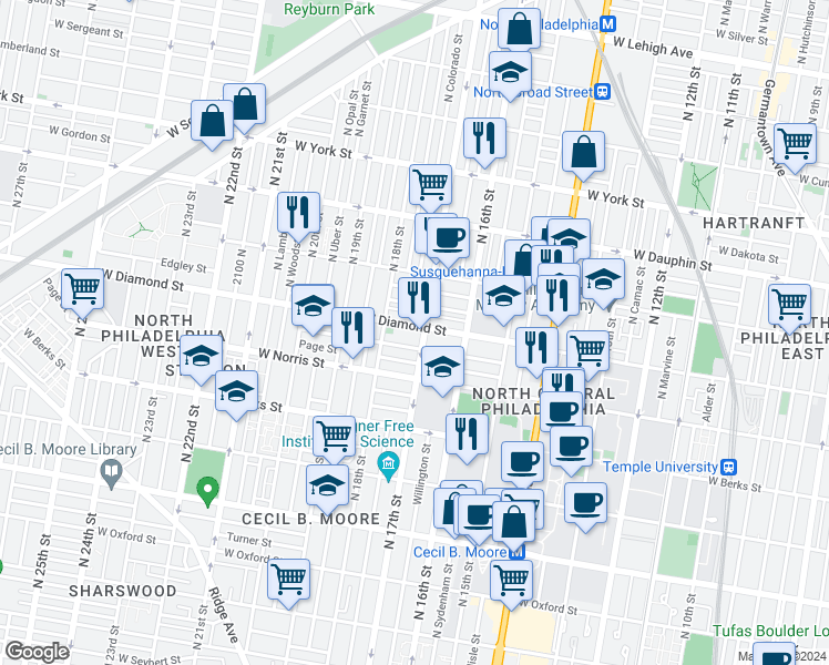 map of restaurants, bars, coffee shops, grocery stores, and more near 1717 Fr. P. Washington Avenue in Philadelphia