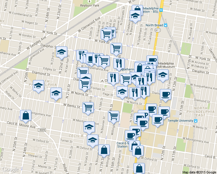 map of restaurants, bars, coffee shops, grocery stores, and more near 1717 Fr. P. Washington Avenue in Philadelphia