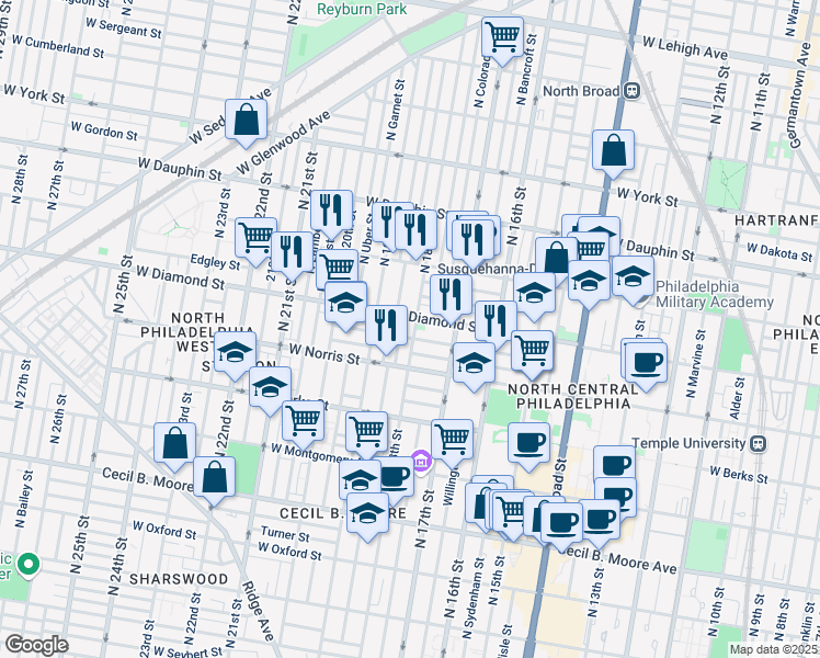 map of restaurants, bars, coffee shops, grocery stores, and more near in Philadelphia