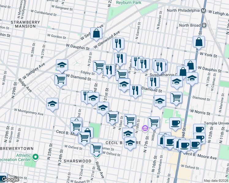 map of restaurants, bars, coffee shops, grocery stores, and more near 2042 North 20th Street in Philadelphia
