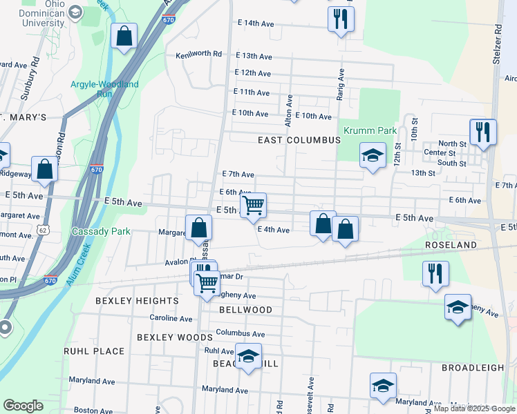 map of restaurants, bars, coffee shops, grocery stores, and more near 2807 East 6th Avenue in Columbus