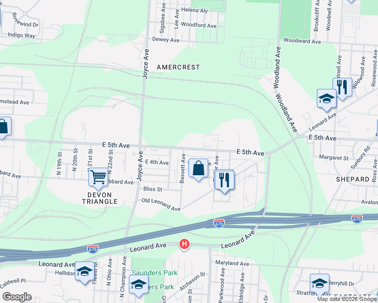 map of restaurants, bars, coffee shops, grocery stores, and more near 1580 East 5th Avenue in Columbus