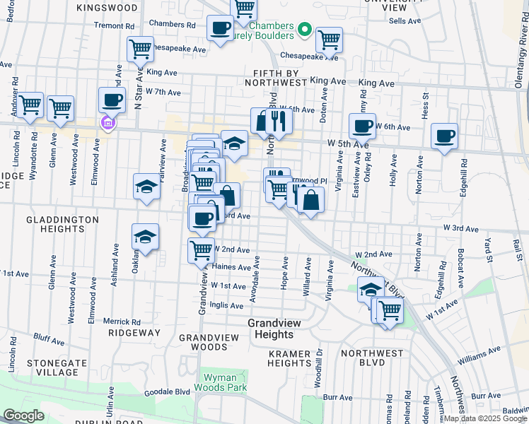 map of restaurants, bars, coffee shops, grocery stores, and more near 1344 Sunrise Avenue in Columbus