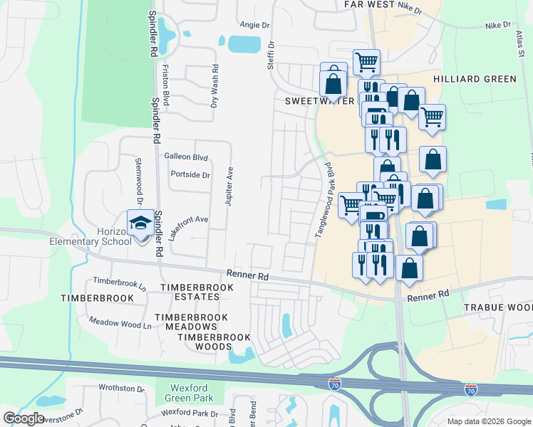 map of restaurants, bars, coffee shops, grocery stores, and more near 1742 Ridgebury Drive in Hilliard