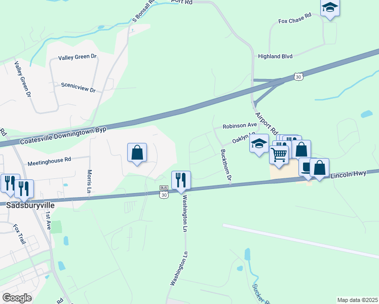 map of restaurants, bars, coffee shops, grocery stores, and more near 336 Larose Drive in Chester County