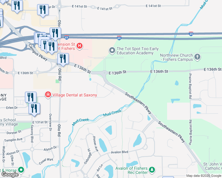 map of restaurants, bars, coffee shops, grocery stores, and more near 14302 Bay Willow Drive in Fishers