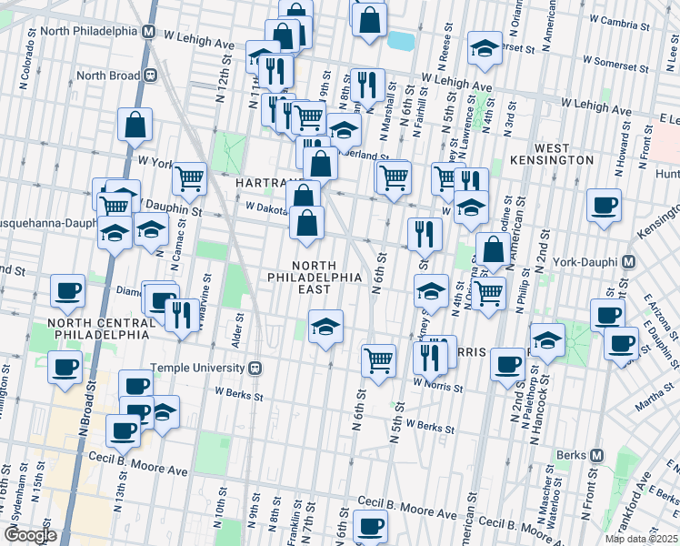 map of restaurants, bars, coffee shops, grocery stores, and more near 2224 North 7th Street in Philadelphia