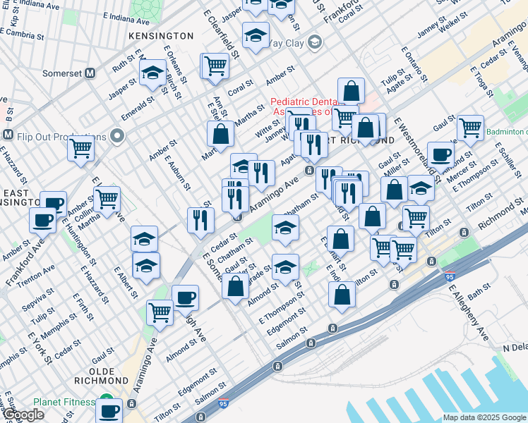 map of restaurants, bars, coffee shops, grocery stores, and more near 2958 Cedar Street in Philadelphia