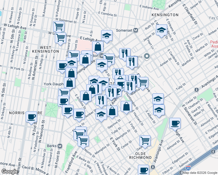 map of restaurants, bars, coffee shops, grocery stores, and more near 2033 East Sergeant Street in Philadelphia