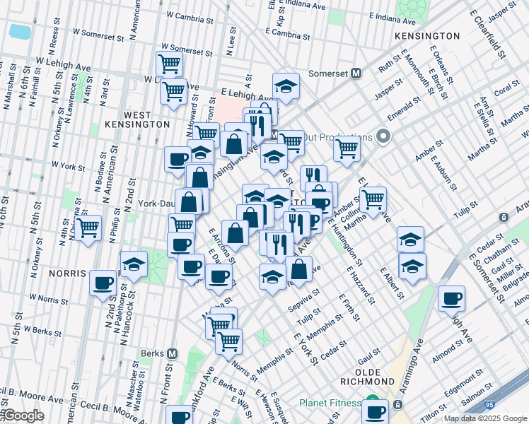 map of restaurants, bars, coffee shops, grocery stores, and more near 2012 East Cumberland Street in Philadelphia