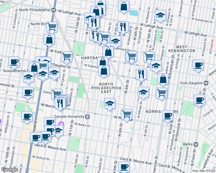 map of restaurants, bars, coffee shops, grocery stores, and more near 2230 North 8th Street in Philadelphia