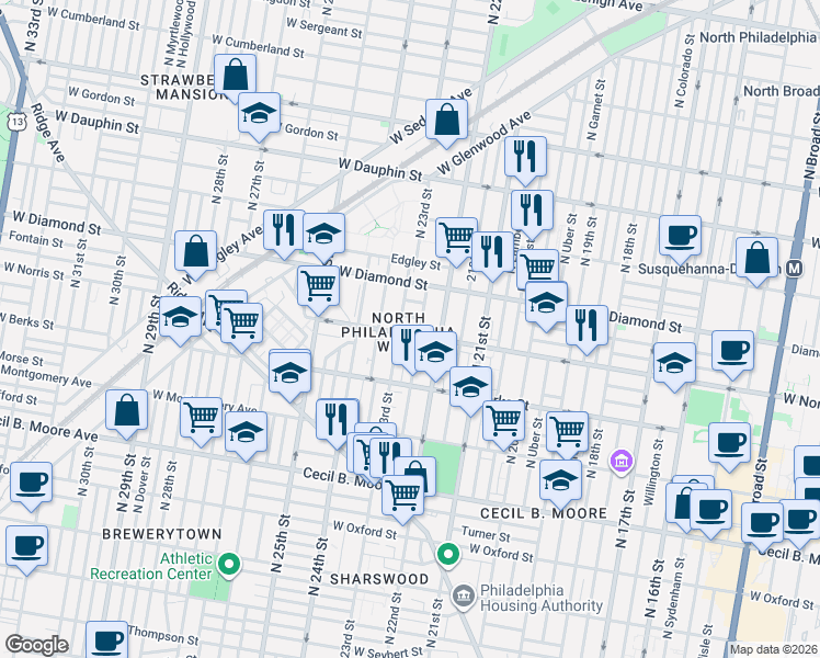 map of restaurants, bars, coffee shops, grocery stores, and more near 2228 Page Street in Philadelphia
