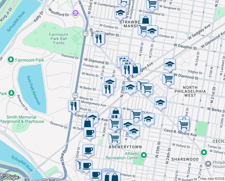map of restaurants, bars, coffee shops, grocery stores, and more near 1924 North 30th Street in Philadelphia
