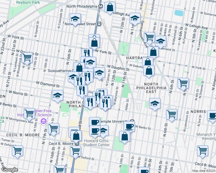 map of restaurants, bars, coffee shops, grocery stores, and more near 2121 North Camac Street in Philadelphia