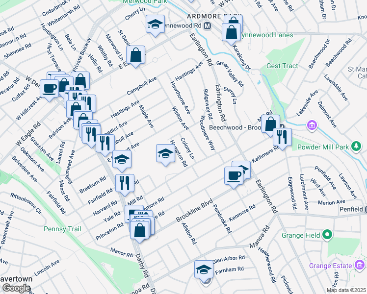map of restaurants, bars, coffee shops, grocery stores, and more near 1618 Colony Lane in Havertown