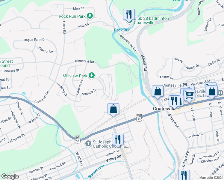 map of restaurants, bars, coffee shops, grocery stores, and more near 1126 Francis Drive in Coatesville