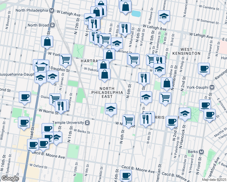 map of restaurants, bars, coffee shops, grocery stores, and more near 2224 North 7th Street in Philadelphia