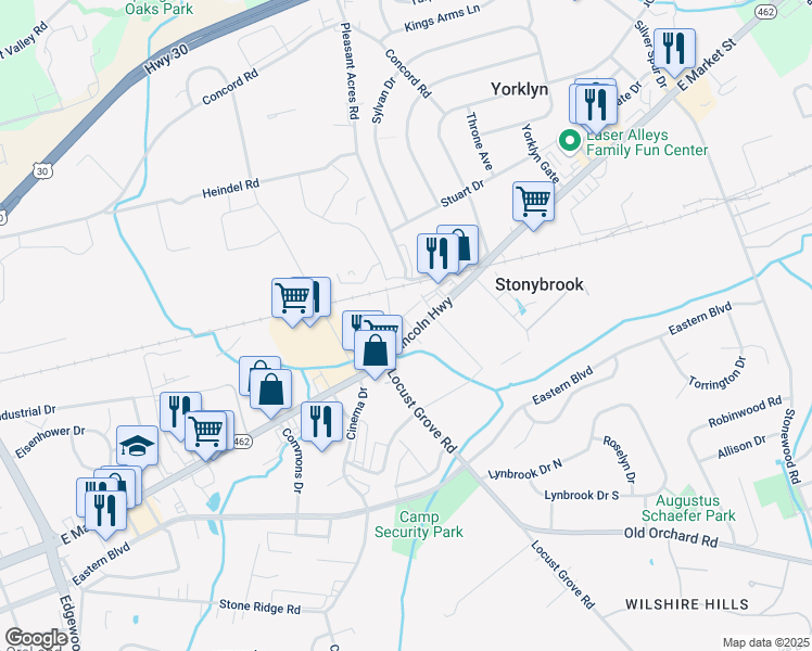 map of restaurants, bars, coffee shops, grocery stores, and more near 3717 East Market Street in York