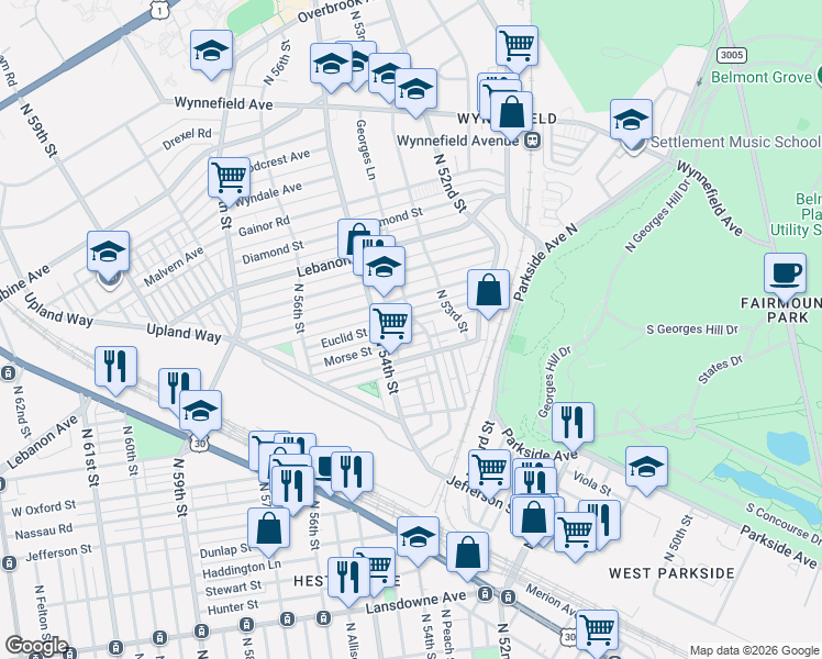 map of restaurants, bars, coffee shops, grocery stores, and more near 1835-69 North 54th Street in Philadelphia