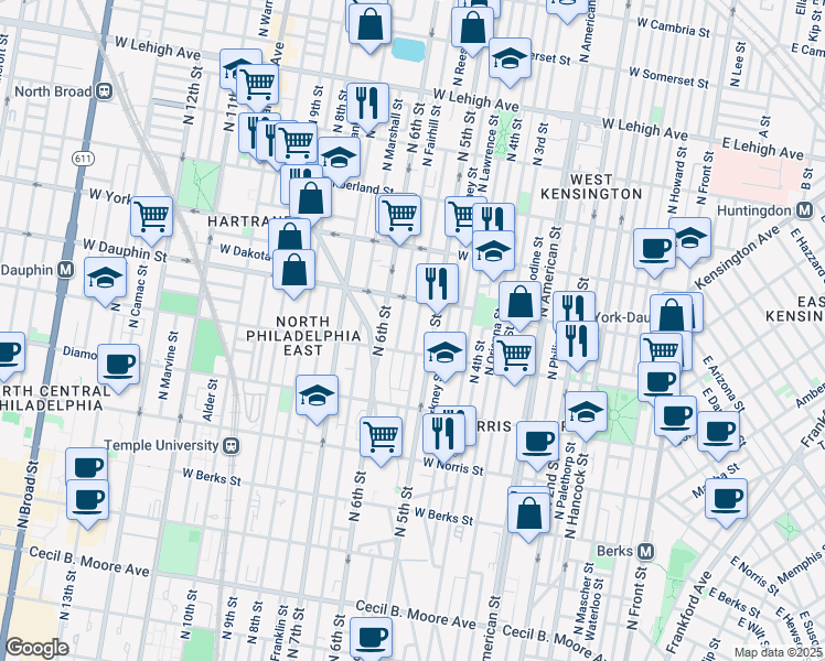 map of restaurants, bars, coffee shops, grocery stores, and more near 2222 North Reese Street in Philadelphia