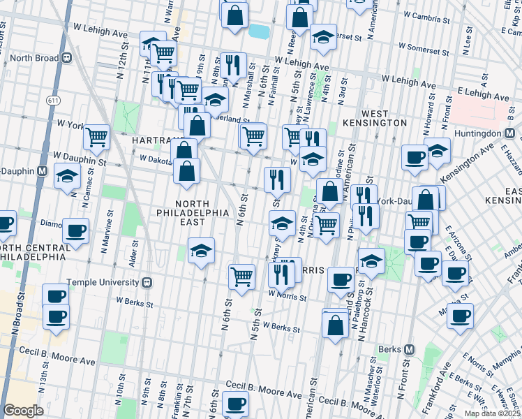 map of restaurants, bars, coffee shops, grocery stores, and more near 2222 North Reese Street in Philadelphia